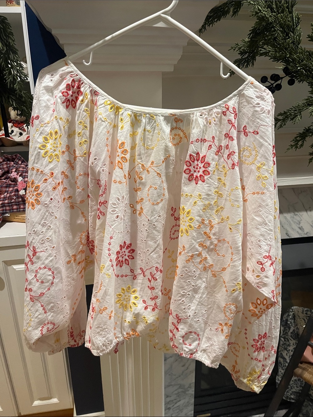 Mauve White Eyelet Blouse with Pink, Orange & Yellow Floral Embroidery